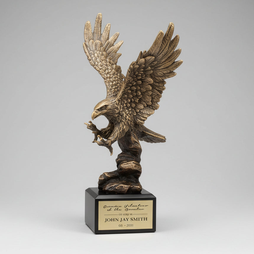 Bronze eagle statue on a tree stump with mountains in the background