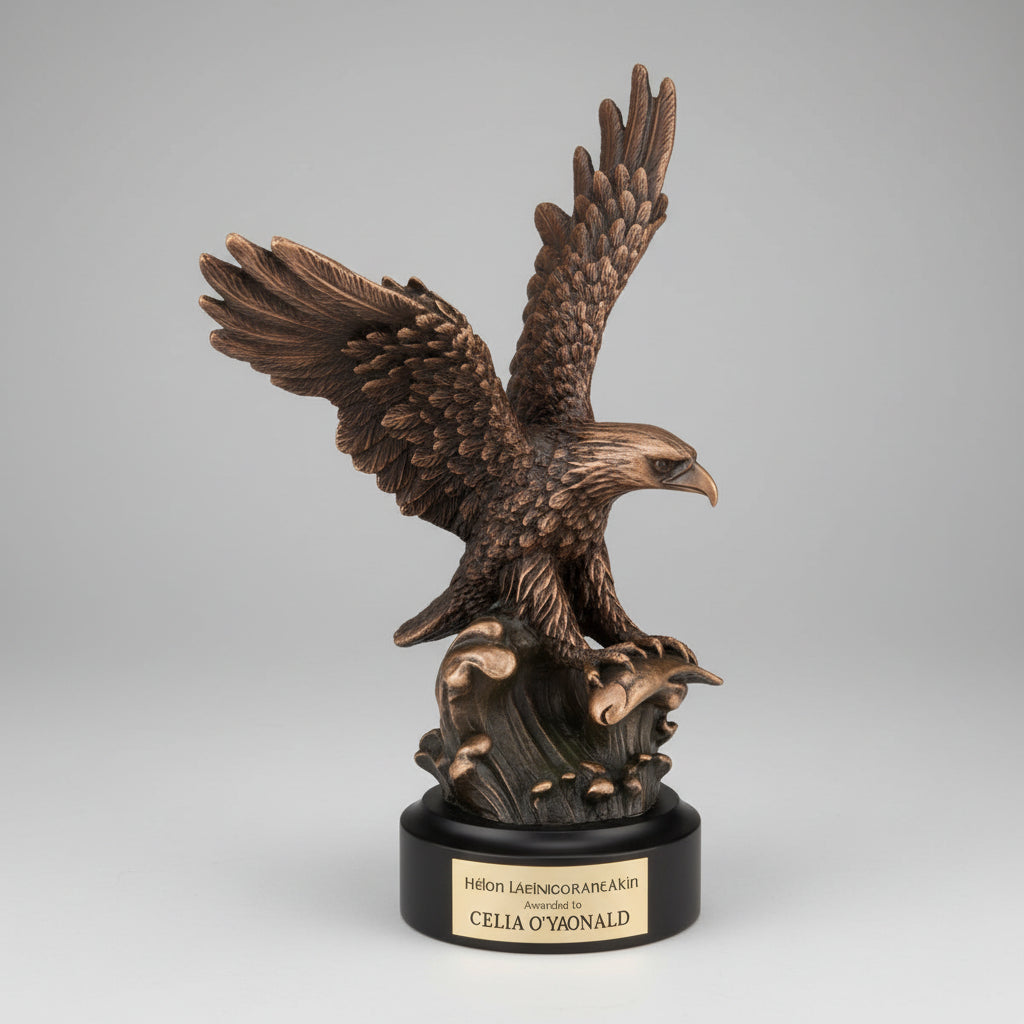 Eagle statue on a stump with mountainous landscape in the background