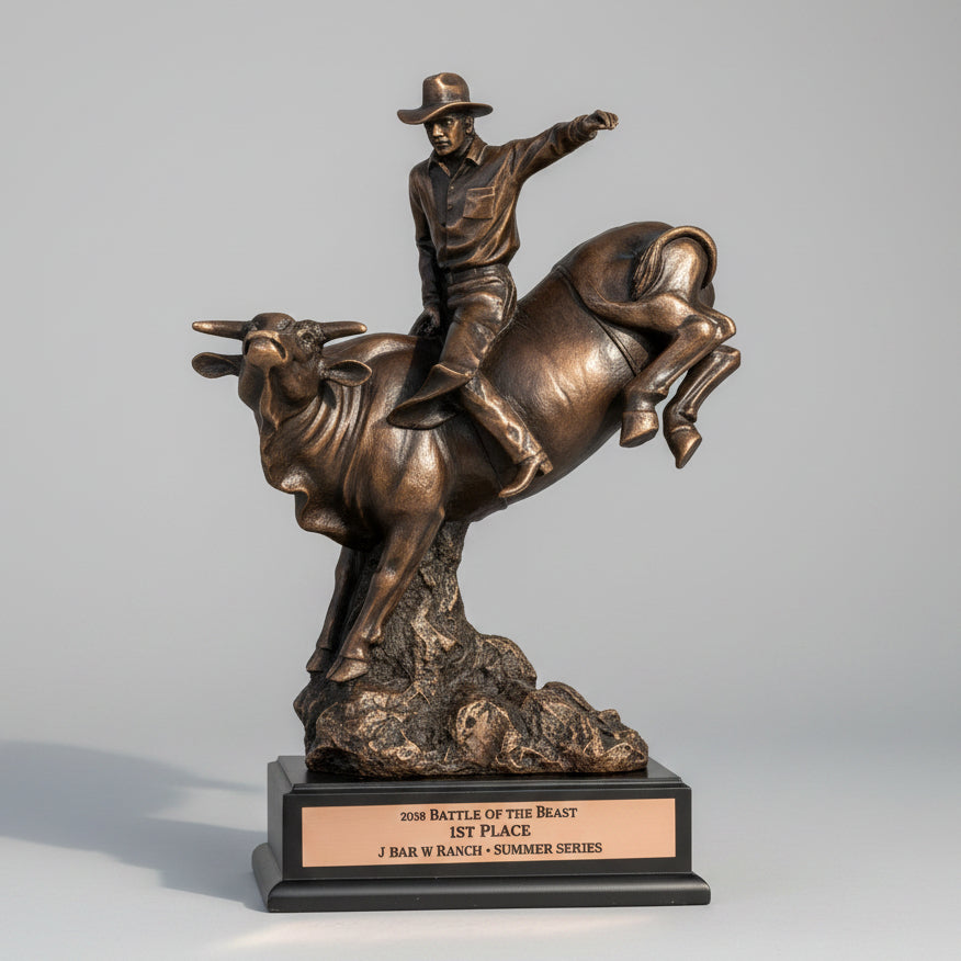 Bronze statue of a cowboy on a bucking bronco in a rural setting with a red barn and green fields.