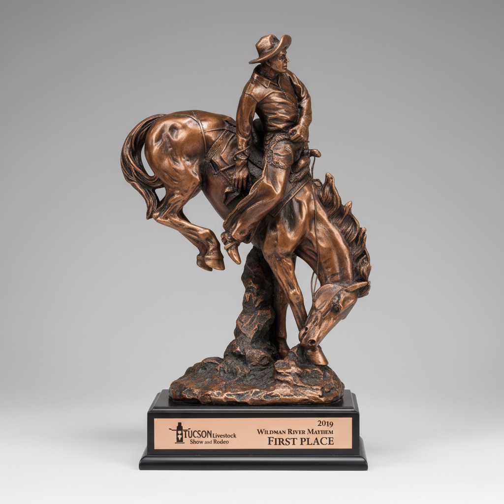 A bronze Western-themed trophy sculpture depicting a cowboy riding a bucking horse, mounted on a black base with a gold-toned plaque.